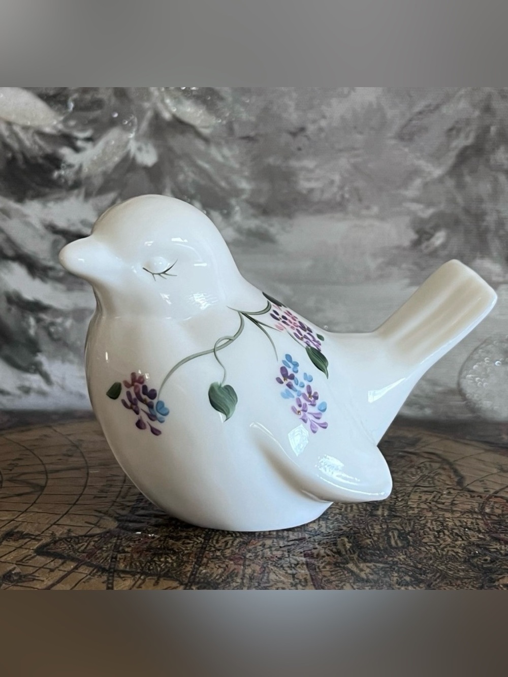Fenton Hand Painted Milk Glass Bird Figurine Signed V. Ghirk Floral Art Glass